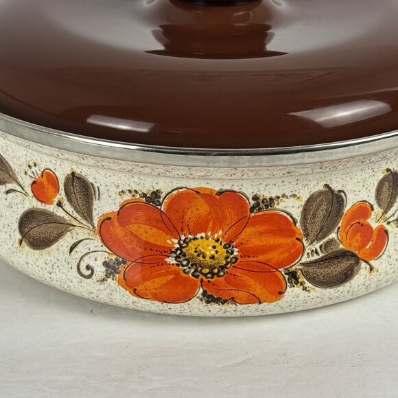 Sanko Ware Show Pans Japan Enamel Coated Orange Flower Covered Lid 9in Saucepan - Picture 4 of 16